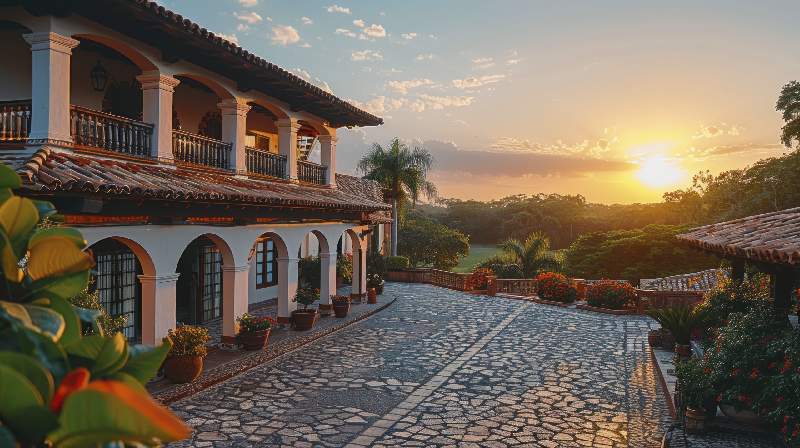 Dynamic shot of a Mexican ranch with traditional architecture and horses in a beautiful sunset setting. The scene captures the essence of Mexican culture and architecture. Cinematic style, professional color grading, high-end retouching, shot on 35mm film --chaos 12 --ar 16:9 --style raw --stylize 450 --v 6 Job ID: 2513b103-04b6-456a-b765-92ddf3e1336d