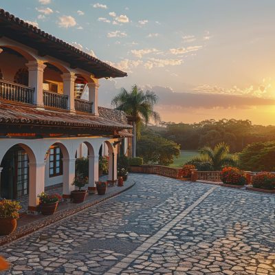 Dynamic shot of a Mexican ranch with traditional architecture and horses in a beautiful sunset setting. The scene captures the essence of Mexican culture and architecture. Cinematic style, professional color grading, high-end retouching, shot on 35mm film --chaos 12 --ar 16:9 --style raw --stylize 450 --v 6 Job ID: 2513b103-04b6-456a-b765-92ddf3e1336d